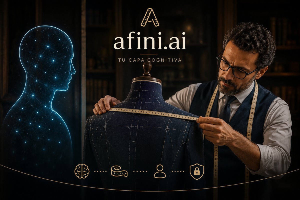 Sastre tomando medidas a un maniquí iluminado por luz cognitiva, junto a una silueta humana de constelaciones azules y el logo afini.ai con la inscripción "Tu capa cognitiva" — metáfora visual de Afini.ai como sastre entre el usuario y los LLMs.