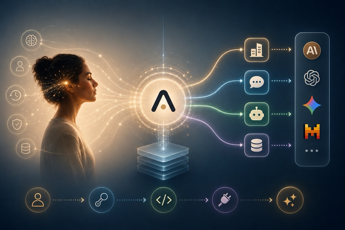 Maqueta visual de la API AfiniTwin: terminal con una llamada cURL al endpoint /v1/public/twin/preset entregando el system prompt personalizado a una integración B2B.